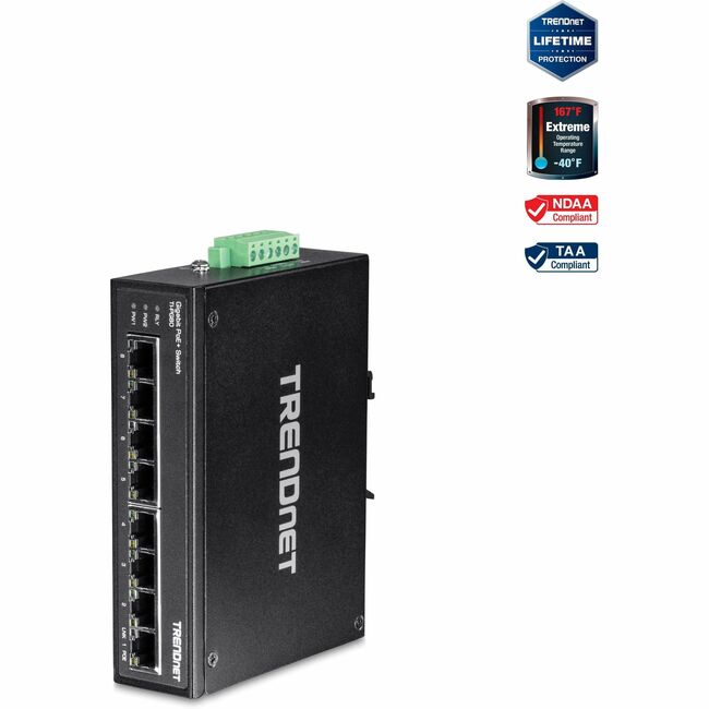 TRENDnet 8-Port Hardened Industrial Unmanaged Gigabit PoE+ DIN-Rail Switch, 200W Full PoE+ Power Budget, 16 Gbps Switching Capacity, IP30 Rated Network Switch, Lifetime Protection, Black, TI-PG80 - TI-PG80