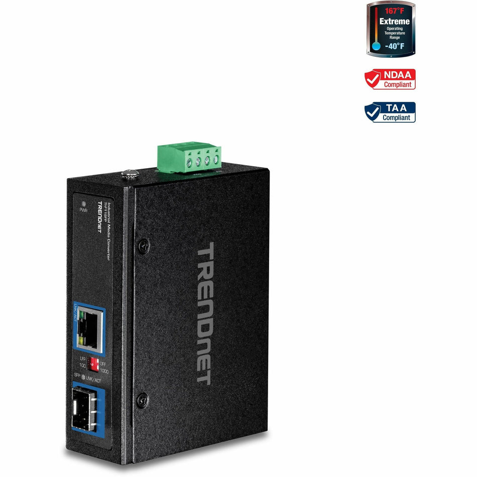 TRENDnet Hardened Industrial 100/1000 Base-T To SFP Media Converter, DIN-Rail And Wall Mount Hardware Included, Multi Or Single Mode Fiber, Power Supply Sold Separately, Black, TI-F11SFP - TI-F11SFP