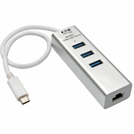 Eaton Tripp Lite Series 3-Port USB 3.x (5Gbps) Hub with LAN Port, USB-C to 3x USB-A Ports and Gigabit Ethernet, Silver - U460-003-3A1G