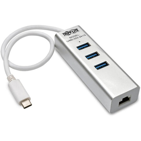 Tripp Lite by Eaton 3-Port USB 3.x (5Gbps) Hub with LAN Port, USB-C to 3x USB-A Ports and Gigabit Ethernet, Silver - U460-003-3A1G