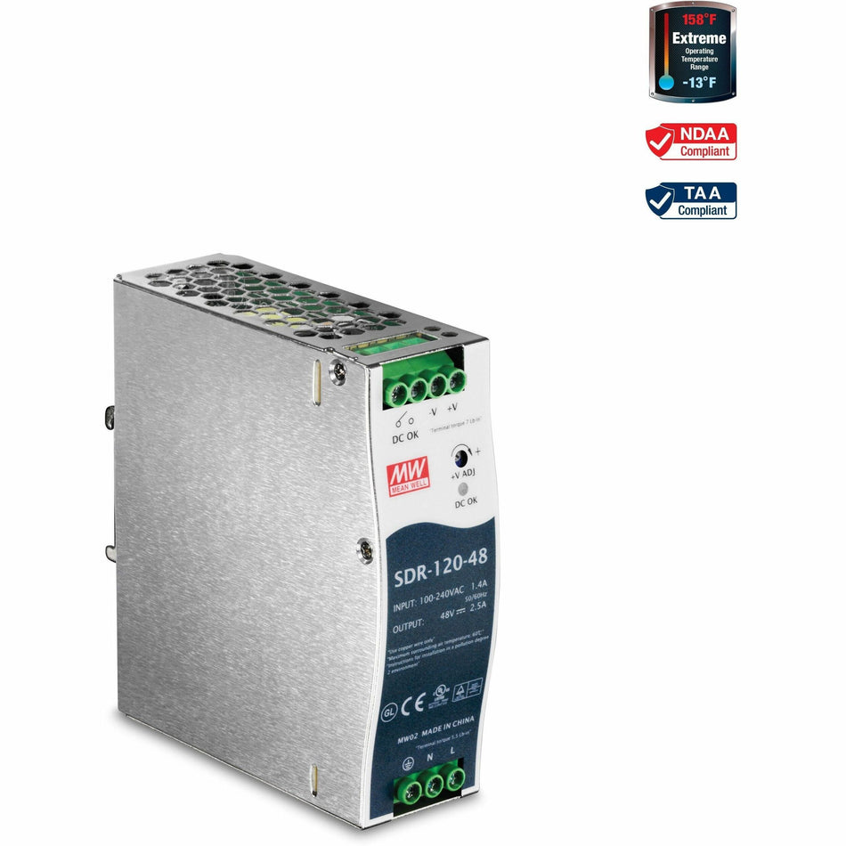 TRENDnet 120 W Single Output Industrial DIN-Rail Power Supply, Extreme -25 to 70 &deg;C (-13 to 158 &deg;F) Operating Temp, Power Supply 120W, DIN-Rail Mount, Overload Protection, Silver, TI-S12048 - TI-S12048