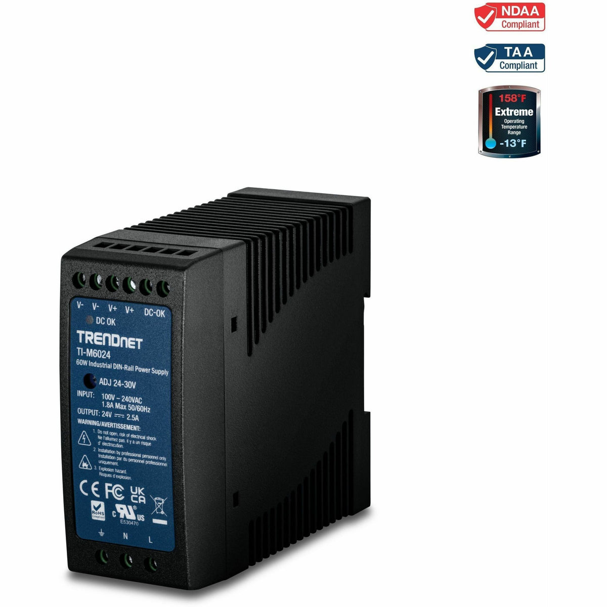 TRENDnet TI-M6024, 60W, 24V DC, 2.5A AC to DC DIN-Rail Power Supply - TI-M6024
