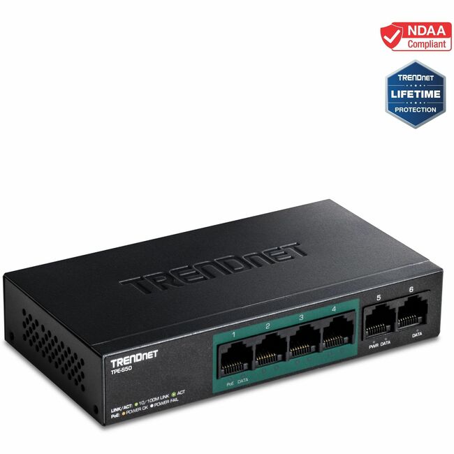 TRENDnet 6-Port Fast Ethernet PoE+ Switch, 4 x Fast Ethernet PoE Ports, 2 x Fast Ethernet Ports, 60W PoE Budget, 1.2 Gbps Switch Capacity, Metal, Limited Lifetime Protection, Black, TPE-S50 - TPE-S50
