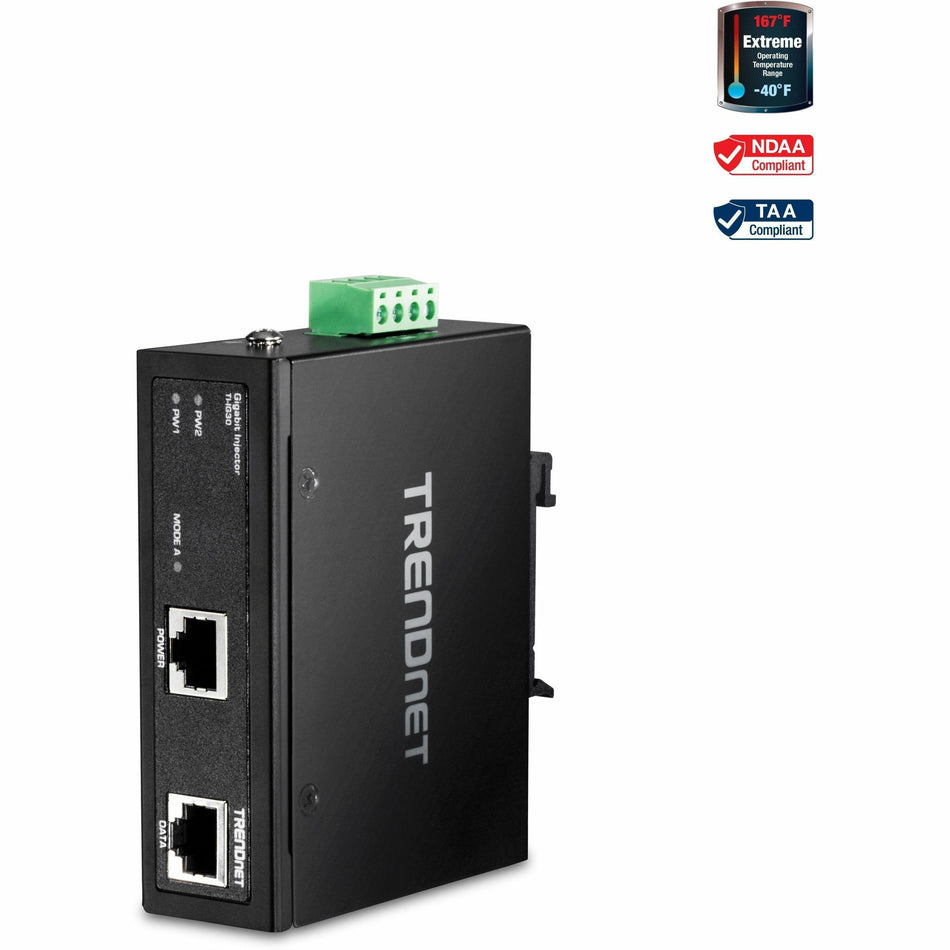 TRENDnet Hardened Industrial Gigabit PoE+ Injector, DIN-Rail, Wall Mount, IP30 Rated Housing, DIN-rail & Wall Mounts Included, TI-IG30 - TI-IG30