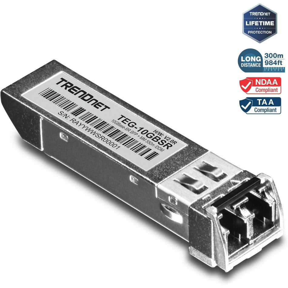 TRENDnet 10GBASE-SR SFP+ Multi Mode LC Module, TEG-10GBSR, Supports Distances up to 300m (984 feet), Hot Pluggable Fiber SFP+ Transceiver, 850nm Wavelength, Lifetime Protection, Silver - TEG-10GBSR