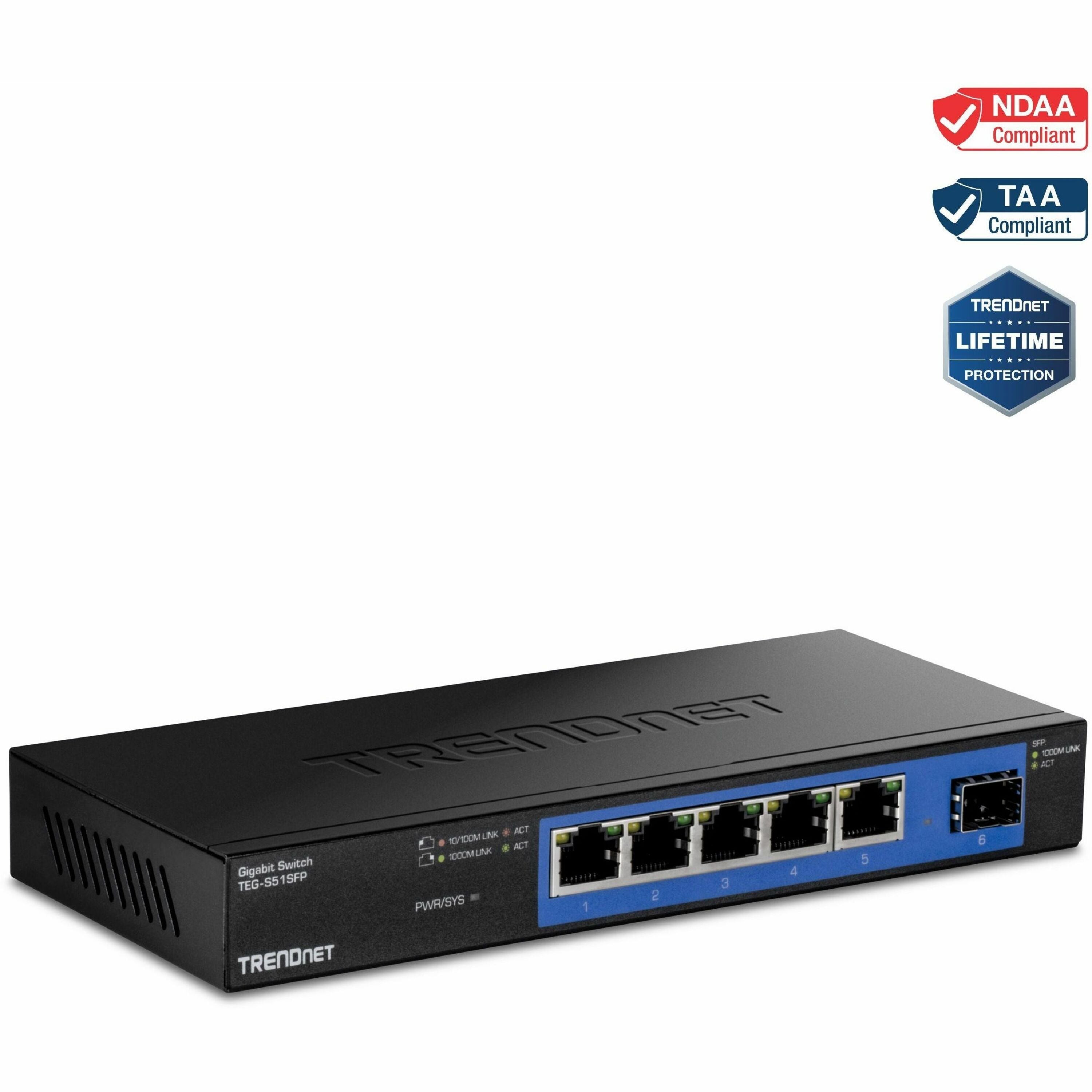 TRENDnet TEG-S51SFP, 5-Port Gigabit Compact Metal Desktop Switch with Gigabit SFP Slot, Fanless Design, Wall Mountable - TEG-S51SFP