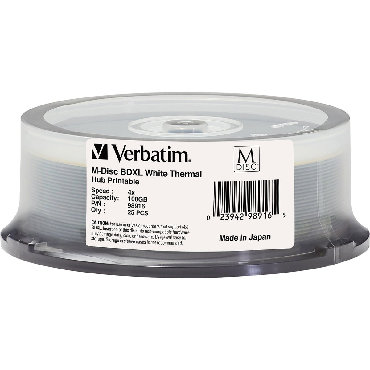 Verbatim M DISC BDXL - 4x - 100 GB - Thermal Printable, Hub Printable - 25pk Spindle - 98916