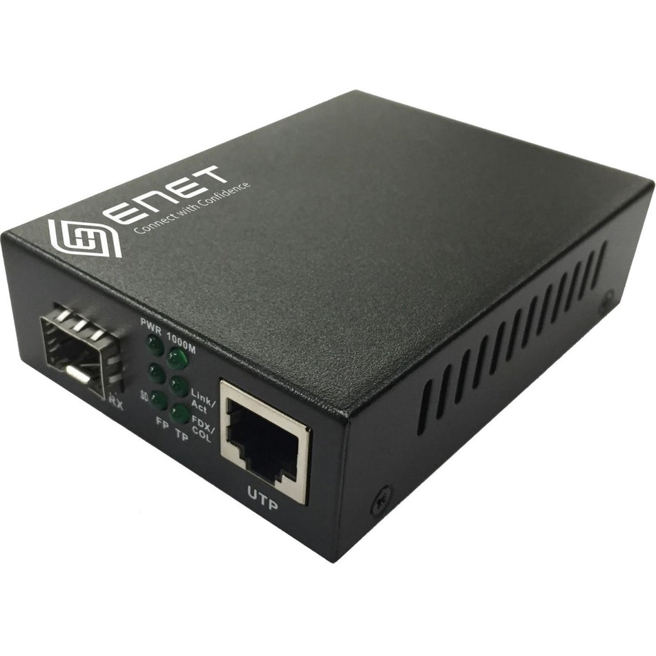 ENET 1x 10/100/1000M Copper RJ45 to 1x 1000Base-X SFP Gigabit Ethernet Fiber Media Converter Stand-Alone - Power Supply Included, Chassis/Rack Mountable with one SFP slot (without SFP). The ENMC-FGET-SFP is capable of accepting a wide range of SFP modul - ENMC-FGET-SFP