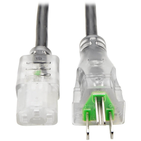 Eaton Tripp Lite Series Hospital-Grade Power Cord, NEMA 5-15P to C13 - Green Dot, 13A, 125V, 16 AWG, 15 ft. (4.57 m), Clear Plugs - P006-015-HG13CL