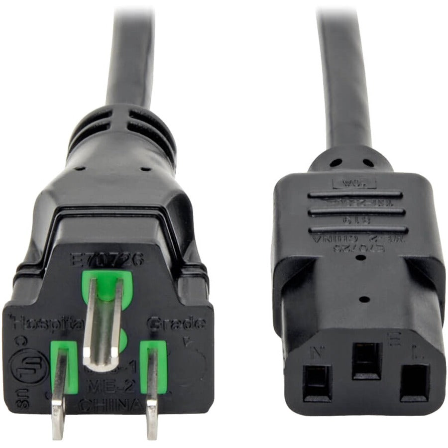 Eaton Tripp Lite Series Hospital-Grade Power Cord, NEMA 5-15P to C13 - Green Dot, 10A, 125V, 18 AWG, 10 ft. (3.05 m), Black - P006-010-HG10