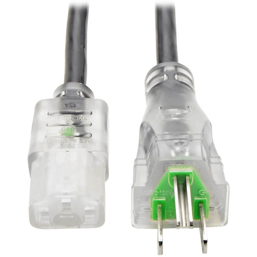 Eaton Tripp Lite Series Hospital-Grade Power Cord, NEMA 5-15P to C13 - Green Dot, 13A, 125V, 16 AWG, 10 ft. (3.05 m), Clear Plugs - P006-010-HG13CL