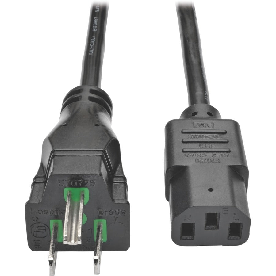 Eaton Tripp Lite Series Hospital-Grade Power Cord, NEMA 5-15P to C13 - Green Dot, 10A, 125V, 18 AWG, 8 ft. (2.43 m) Coiled Cord, Black - P006-C08-HG10