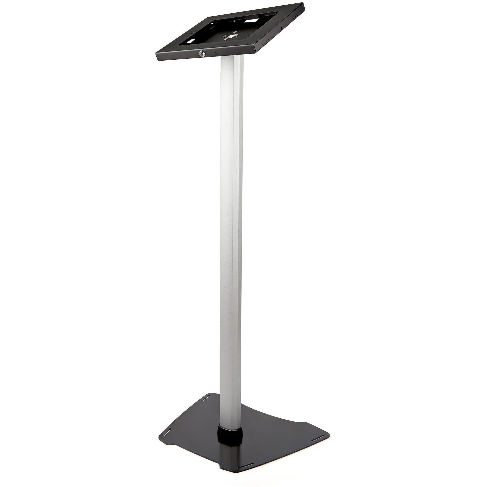 StarTech.com Secure Tablet Floor Stand - Security lock protects your tablet from theft and tampering - Supports iPad and other 9.7" tablets - Fixed Height of approx. 42" (1060 mm) - Built-in cable management - Covered Home button - TAA compliant - Thread the tablet's charge cable through the pillar-style stand - STNDTBLT1FS