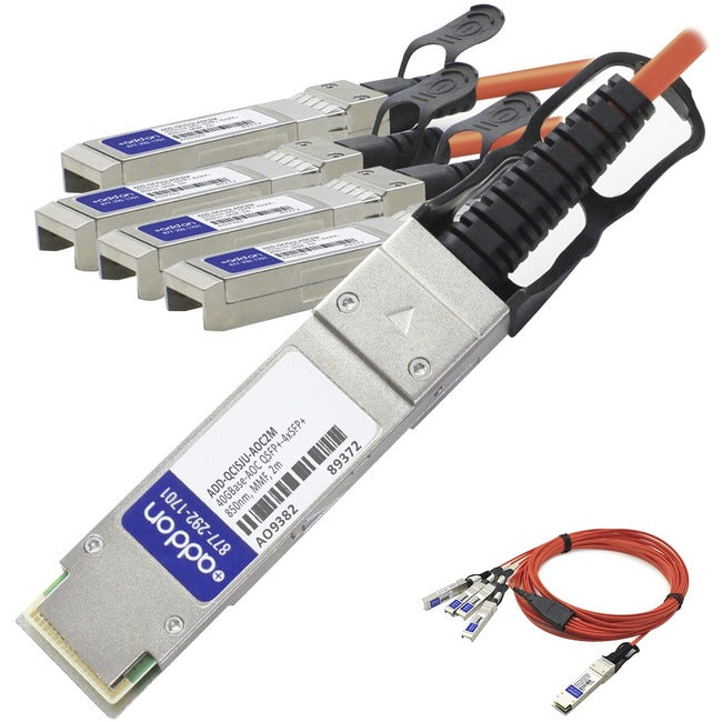 AddOn Cisco QSFP-4X10G-AOC2M to Juniper Networks EX-SFP-10GE-AOC-3M Compatible TAA Compliant 40GBase-AOC QSFP+ to 4xSFP+ Direct Attach Cable (850nm, MMF, 2m) - ADD-QCISJU-AOC2M