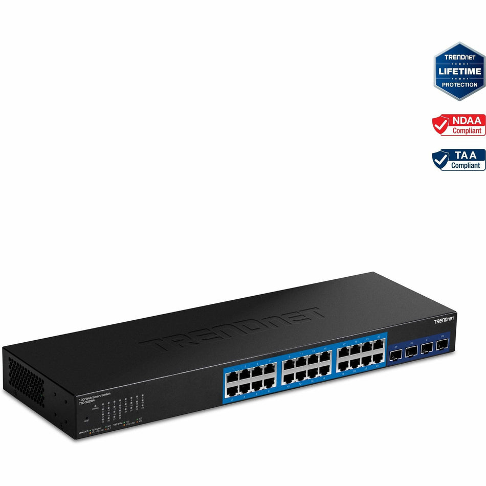 TRENDnet 28-Port Web Smart Switch, 24 x Gigabit Ports, 4 x 10G SFP+ Slots, High Speed Network Uplinks, 128 Gbps Switching Capacity, Network Ethernet Switch, 1U Rack Mountable, Black, TEG-30284 - TEG-30284
