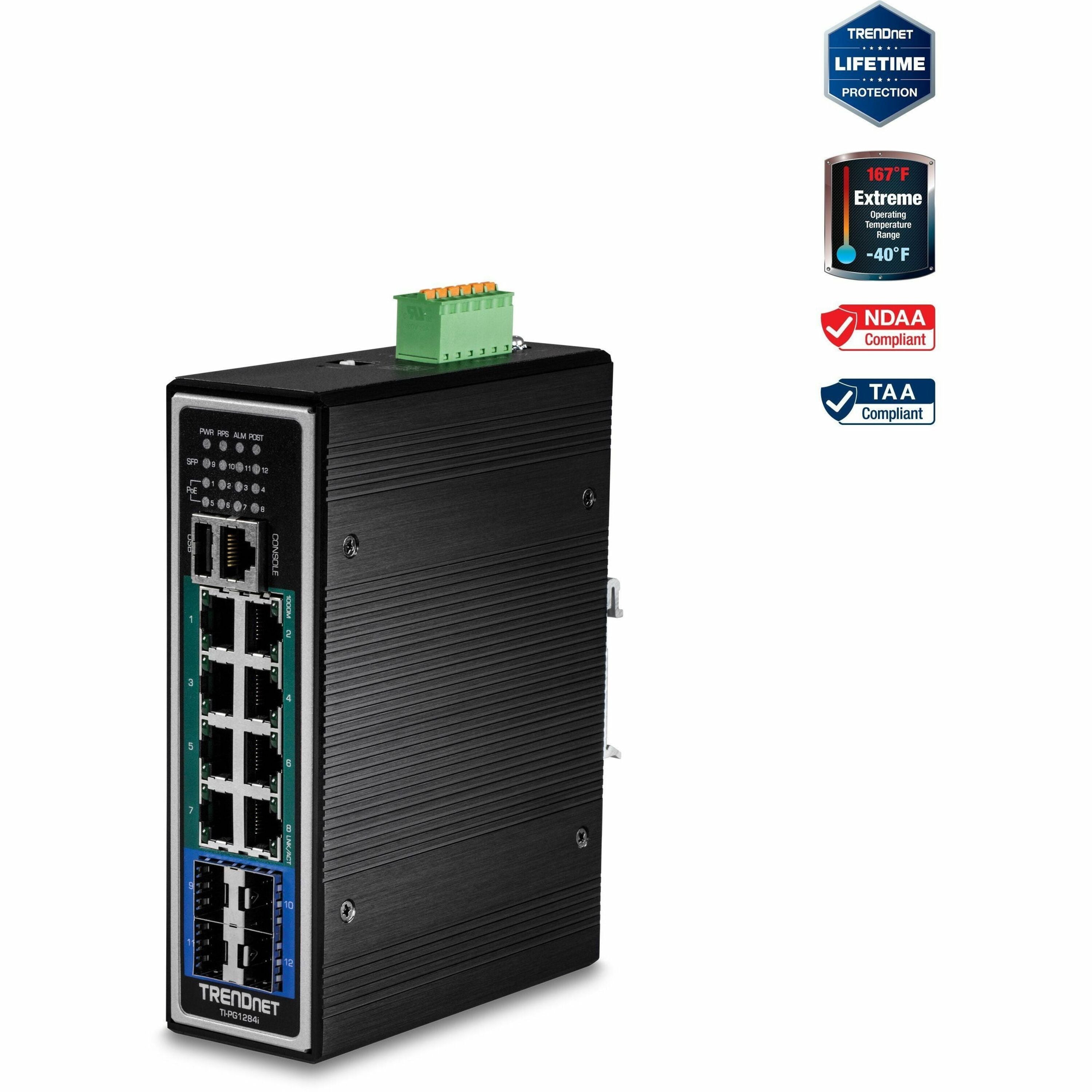 TRENDnet 12-Port Hardened Industrial Gigabit PoE+ Layer 2+ Managed DIN-Rail Switch, 240W Power Budget, Hardened IP30 Network Ethernet Gigabit PoE+ Switch, Lifetime Protection, Black, TI-PG1284i - TI-PG1284i