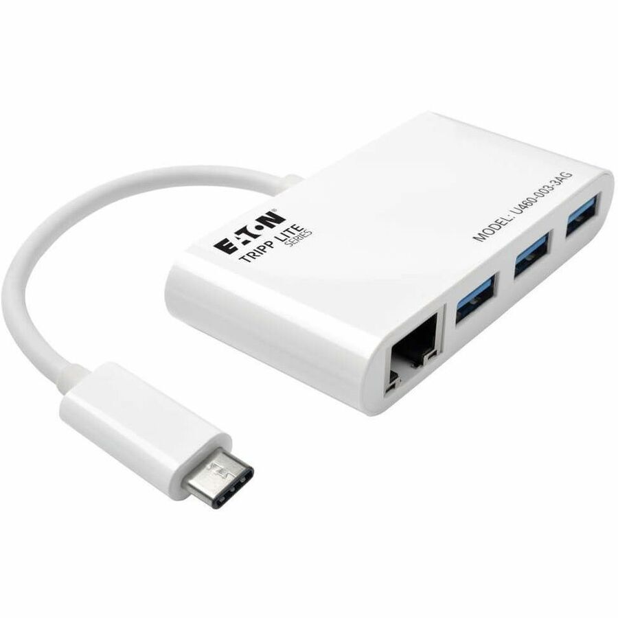 Eaton Tripp Lite Series 3-Port USB 3.x (5Gbps) Hub with LAN Port, USB-C to 3x USB-A Ports and Gigabit Ethernet, White - U460-003-3AG