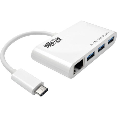 Tripp Lite by Eaton 3-Port USB 3.x (5Gbps) Hub with LAN Port, USB-C to 3x USB-A Ports and Gigabit Ethernet, White - U460-003-3AG