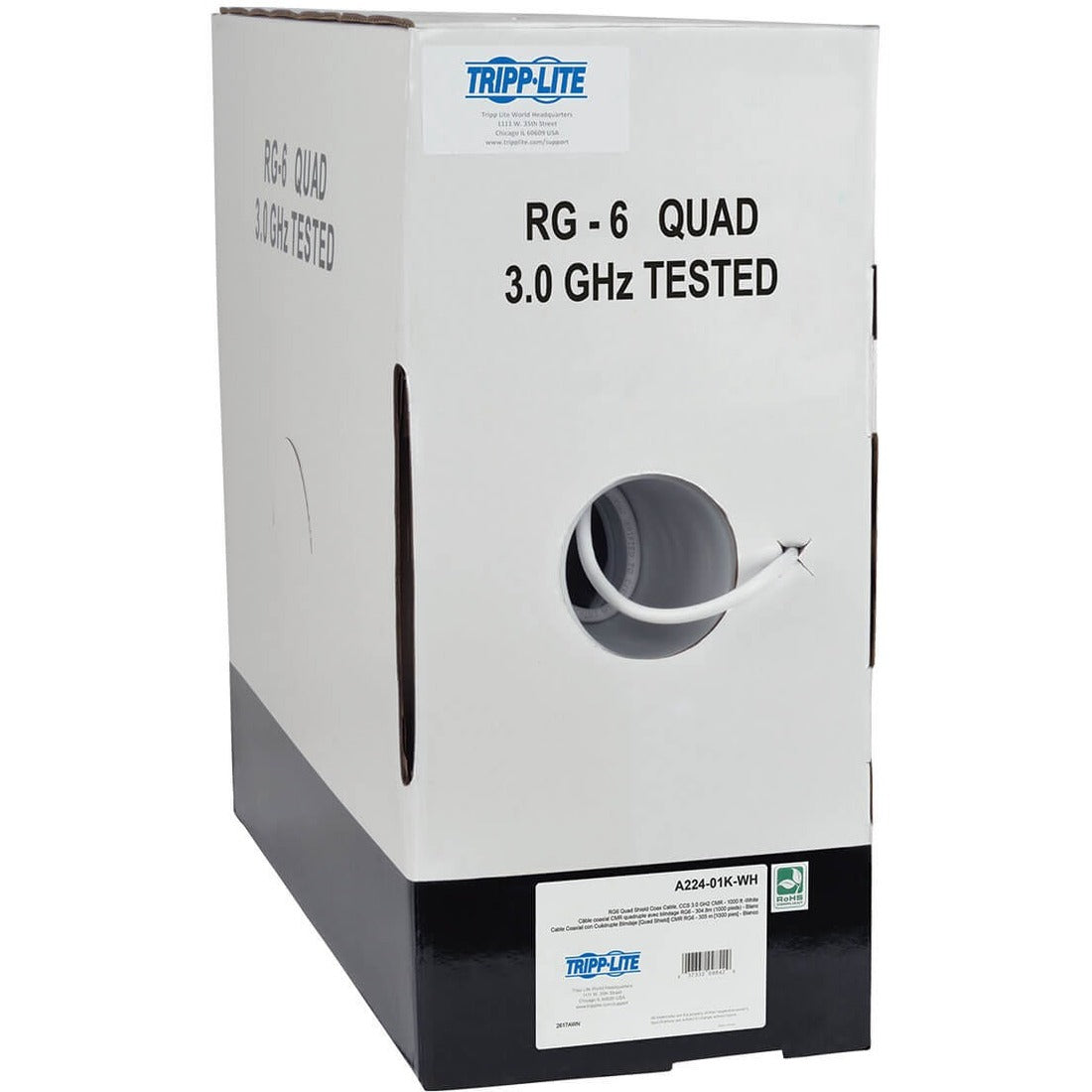 Eaton Tripp Lite Series RG6/U Quad-Shield CMR-Rated Coaxial Cable, White, 1000 ft. (304.8 m) - A224-01K-WH