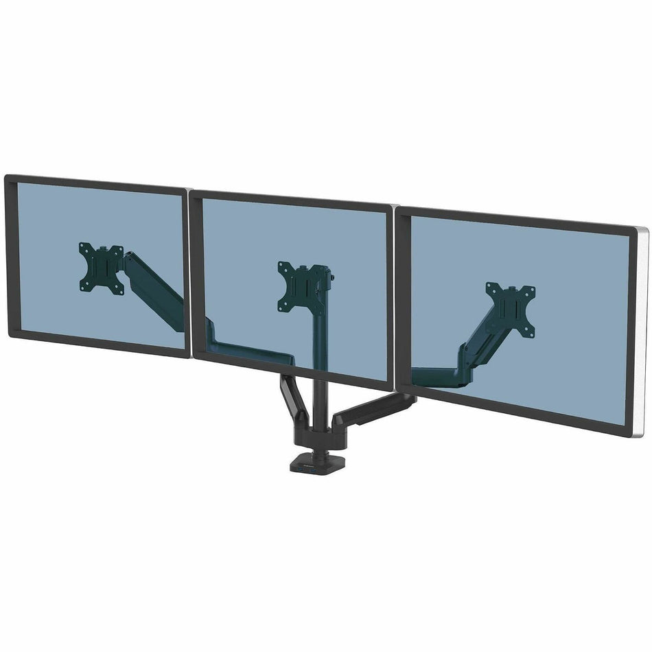 Fellowes Platinum Series High Quality Triple Monitor Arm for 27-Inch Monitors, Full Motion, 360&deg; Rotation, VESA Mount with Grommet or Clamp, USB Ports, Ergonomic, Black - 8042601