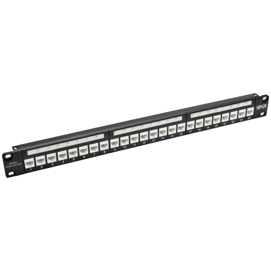 Tripp Lite by Eaton 24-Port 1U Rack-Mount Cat6a Feedthrough Patch Panel with 90-Degree Down-Angled Ports, RJ45 Ethernet, TAA - N254-024-6AD