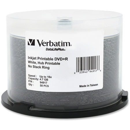 Verbatim DVD+R 4.7GB 16X DataLifePlus White Inkjet Printable, Hub Printable - 50pk Spindle - 94917