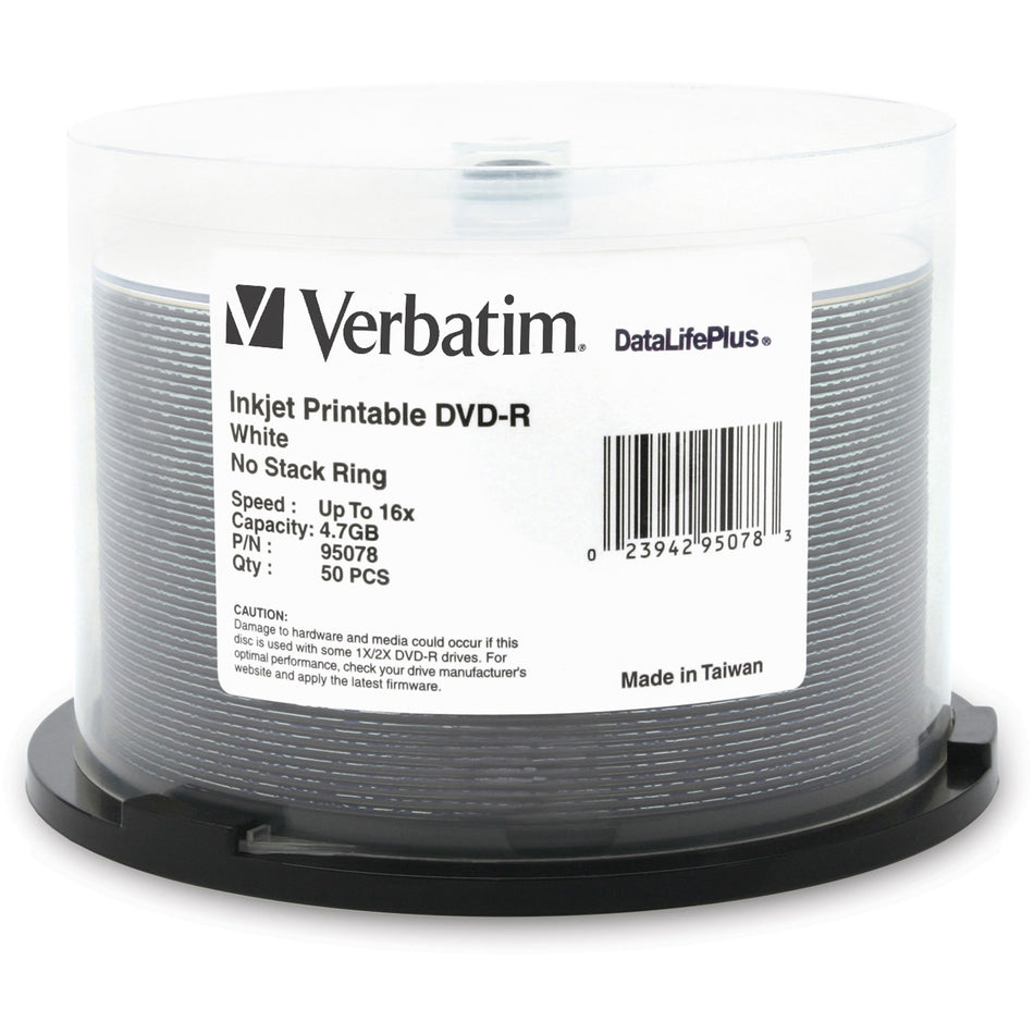 Verbatim DVD-R 4.7GB 16X DataLifePlus White Inkjet Printable - 50pk Spindle - 95078