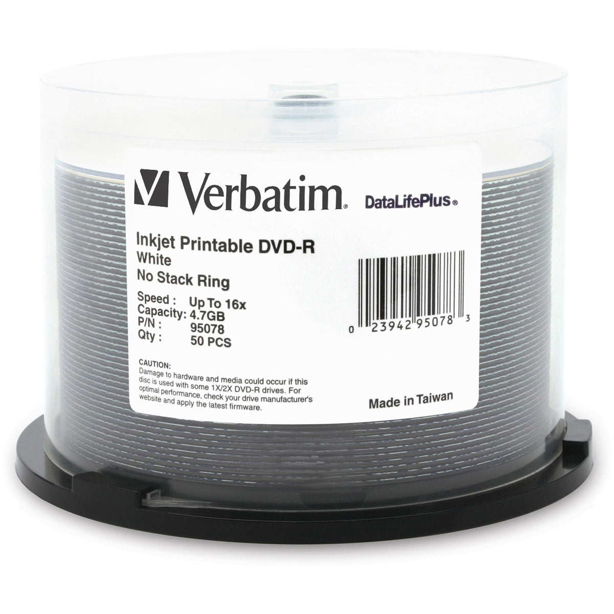 Verbatim DVD-R 4.7GB 16X DataLifePlus White Inkjet Printable - 50pk Spindle - 95078