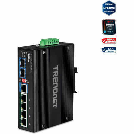 TRENDnet 6-Port Hardened Industrial Gigabit 10/100/1000 Mbps Ultra PoE DIN-Rail Switch; UPoE; IP30; DIN-Rail & Wall Mounts Included; Lifetime Protection; TI-UPG62 - TI-UPG62