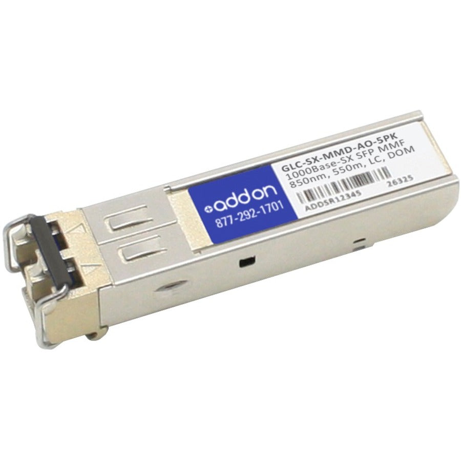 AddOn 5-Pack of Cisco GLC-SX-MMD Compatible TAA Compliant 1000Base-SX SFP Transceiver (MMF, 850nm, 550m, LC, DOM) - GLC-SX-MMD-AO-5PK