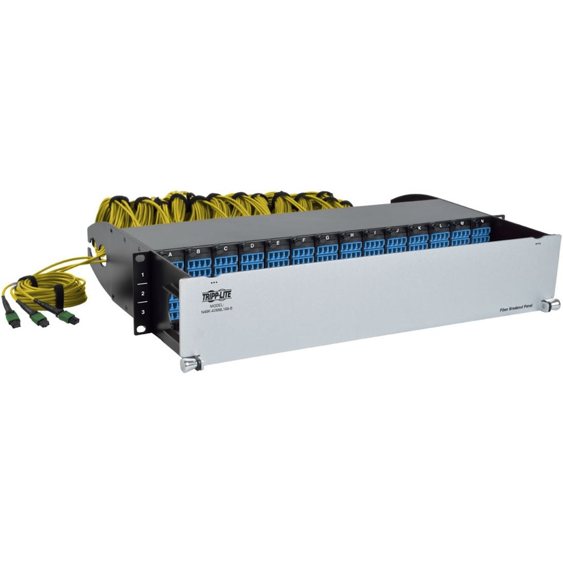 Eaton Tripp Lite Series 40/100Gb Fiber Breakout Patch Panel, 40Gb to 4 x 10Gb, 100Gb to 4 x 25Gb, 42 MTP QSFP to 168 LC Duplex 9/125 Singlemode Ports, 2U - N48K-42M8L168SB