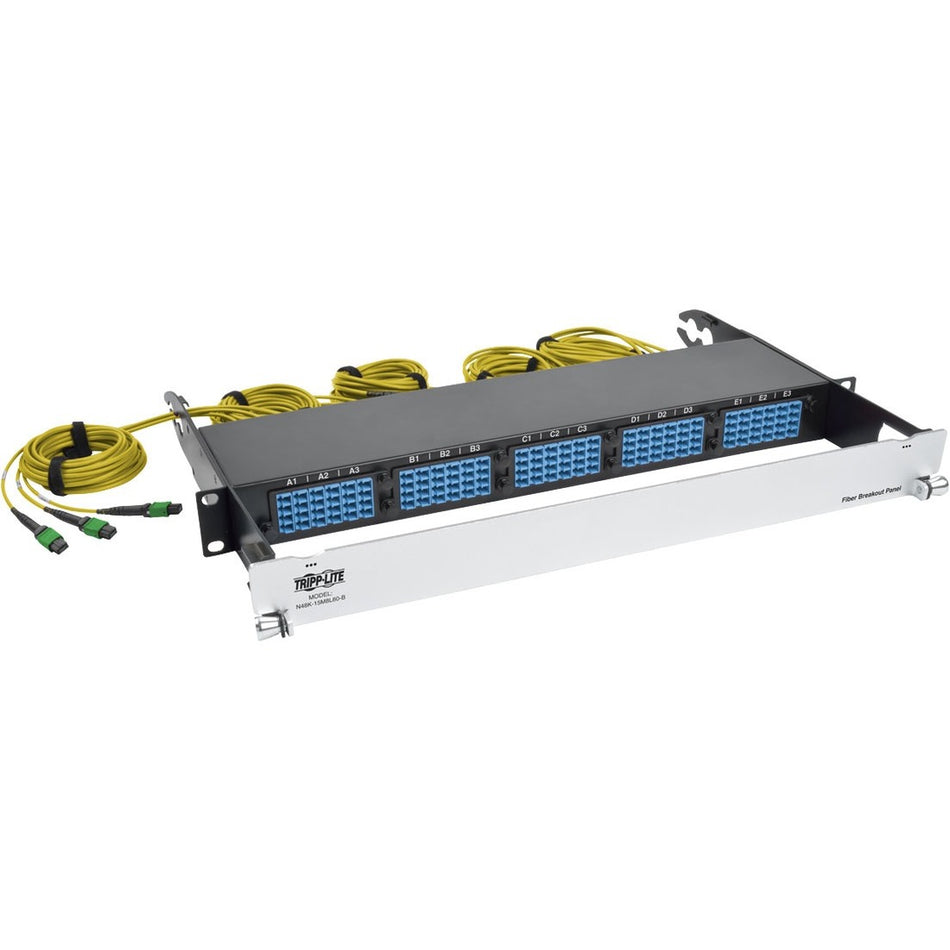 Eaton Tripp Lite Series 40/100Gb Fiber Breakout Patch Panel, 40Gb to 4 x 10Gb, 100Gb to 4 x 25Gb, 15 MTP QSFP to 60 LC Duplex 9/125 Singlemode Ports, 1U - N48K-15M8L60S-B