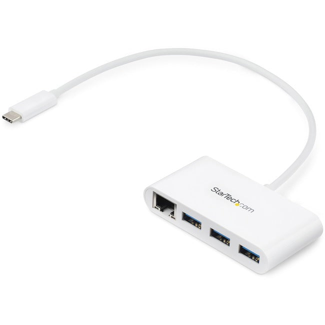 StarTech.com 3 Port USB C Hub with Gigabit Ethernet - USB-C to 3x USB-A - USB 3.0 - White - USB Hub with GbE - USB-C to USB Adapter - USB Type C Hub - HB30C3A1GEA