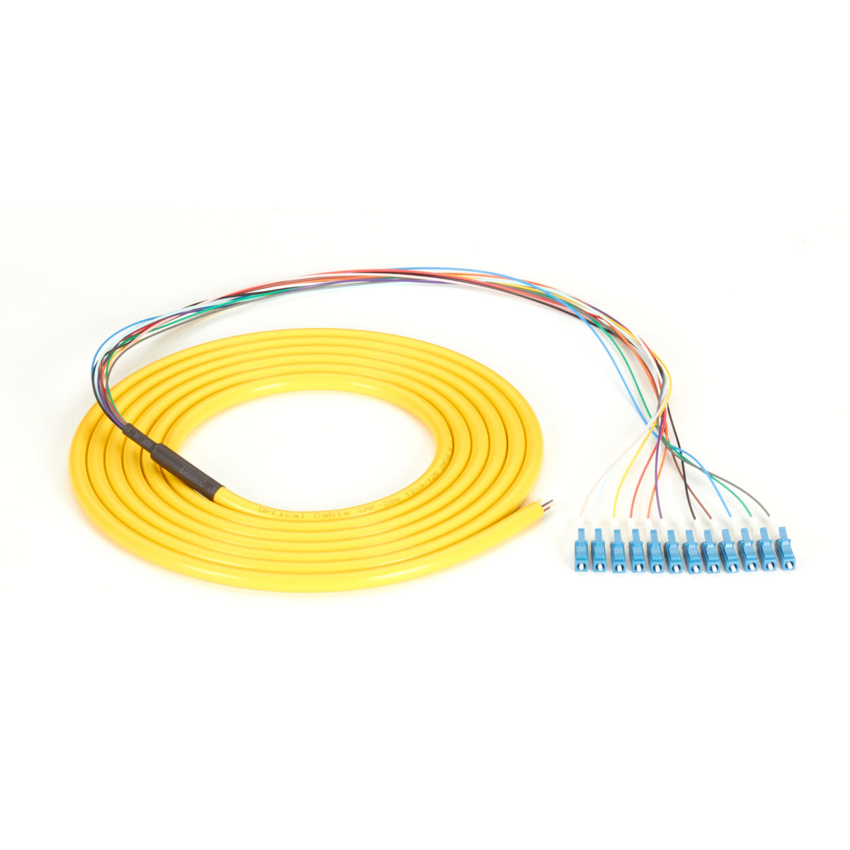 Black Box OS2 9-Micron Single-Mode Fiber Optic Pigtail - 12-Strand, OFNR, PVC - FOPT50S1-LC-12YL-3
