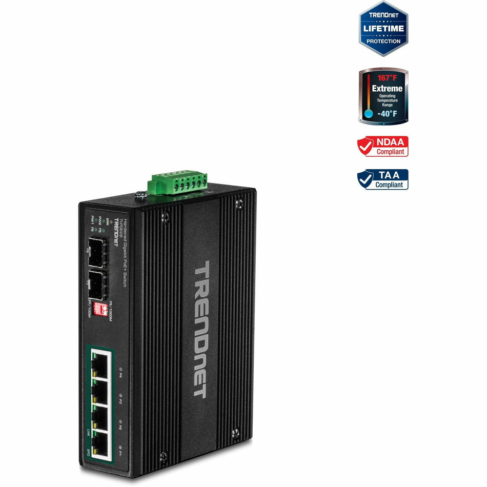 TRENDnet 6-Port Hardened Industrial Unmanaged Gigabit 10/100/1000Mbps DIN-Rail Switch, 4 x Gigabit PoE+ Ports, 2 x Dedicated SFP Slots, Lifetime Protection, Black, TI-PG62B - TI-PG62B