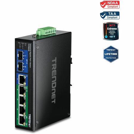 TRENDnet 6-Port Hardened Industrial Unmanaged Gigabit 10/100/1000Mbps DIN-Rail Switch, 4 x Gigabit PoE+ Ports, 2 x Dedicated SFP Slots, Lifetime Protection, Black, TI-PG62B - TI-PG62B