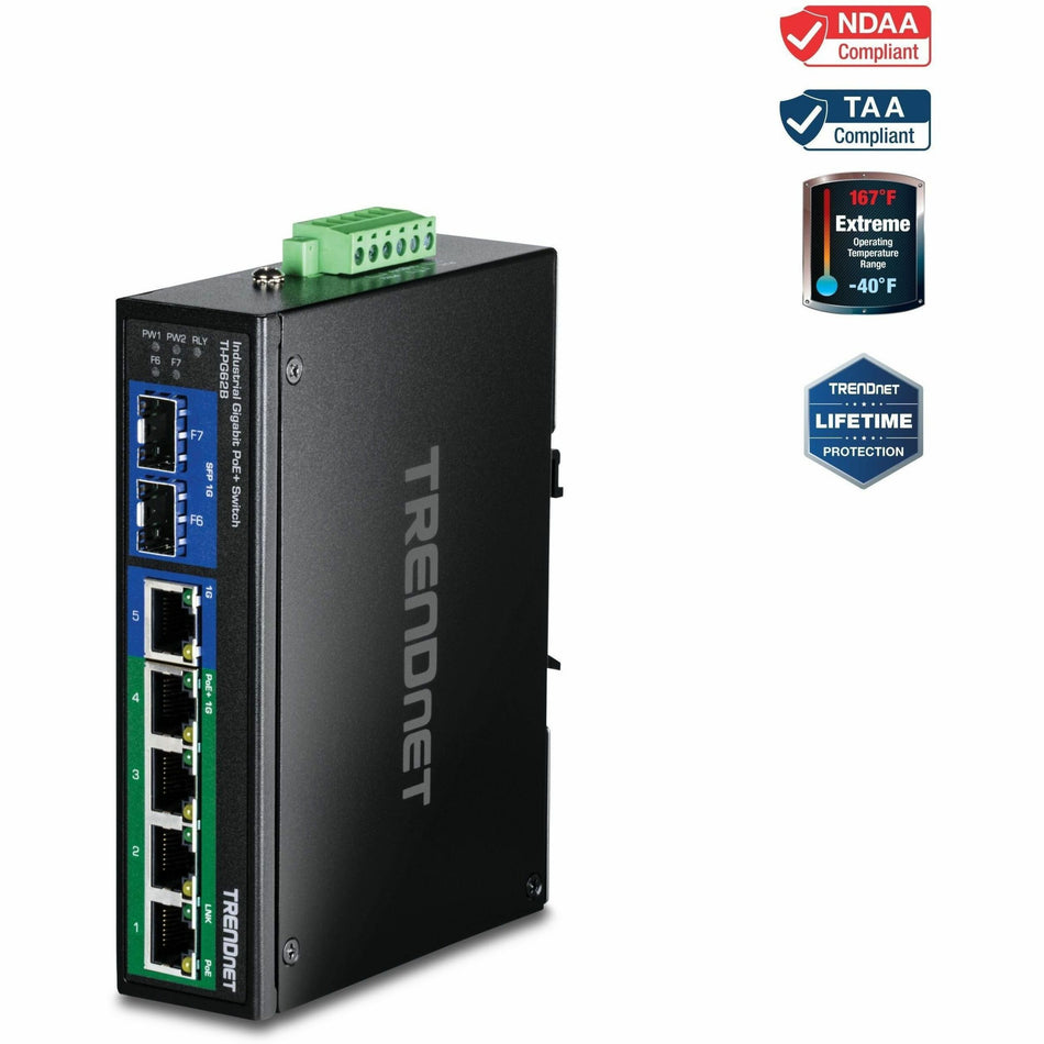 TRENDnet 6-Port Hardened Industrial Unmanaged Gigabit 10/100/1000Mbps DIN-Rail Switch, 4 x Gigabit PoE+ Ports, 2 x Dedicated SFP Slots, Lifetime Protection, Black, TI-PG62B - TI-PG62B