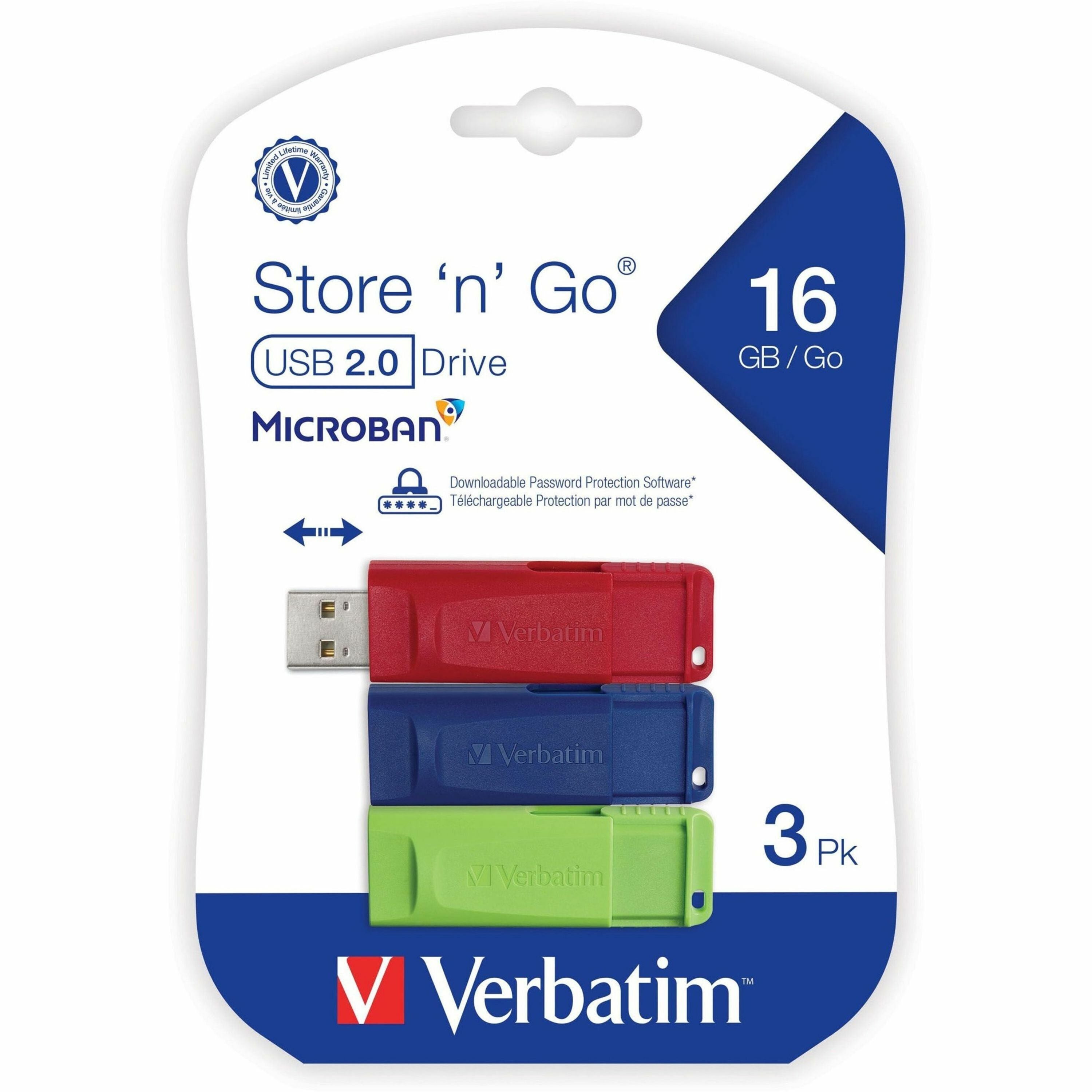 16GB Store 'n' Go&reg; USB Flash Drive - 3pk - Red, Green, Blue - 99122