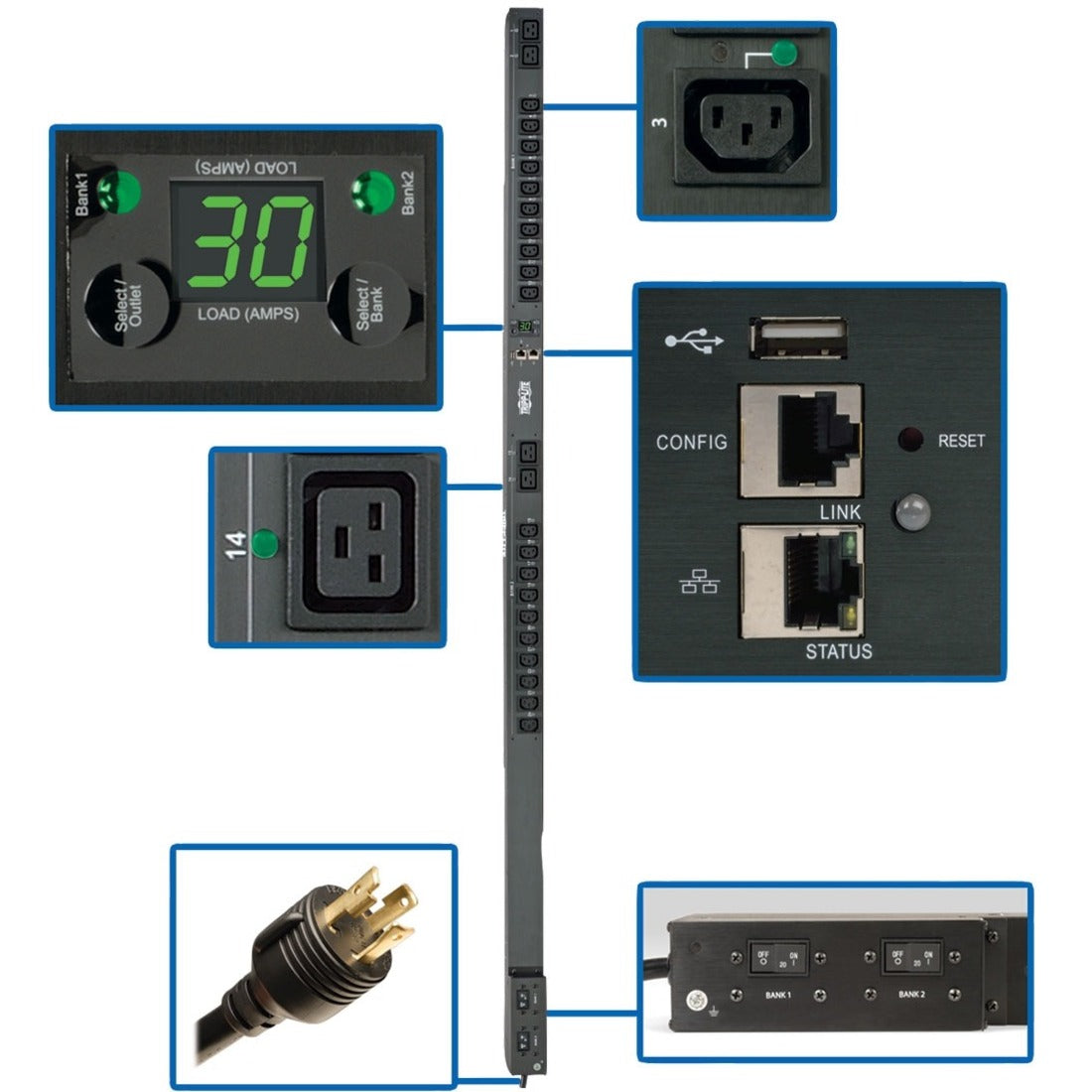 Tripp Lite by Eaton PDU 5.5kW Single-Phase Switched PDU Outlet Monitoring 208/230V Outlets (20 C13 & 4 C19) 0U LX Interface TAA - PDUMVR30HVNETLX