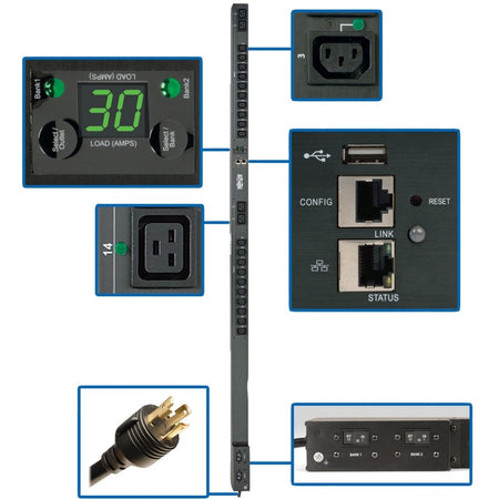 Tripp Lite by Eaton PDU 5.5kW Single-Phase Switched PDU Outlet Monitoring 208/230V Outlets (20 C13 & 4 C19) 0U LX Interface TAA - PDUMVR30HVNETLX