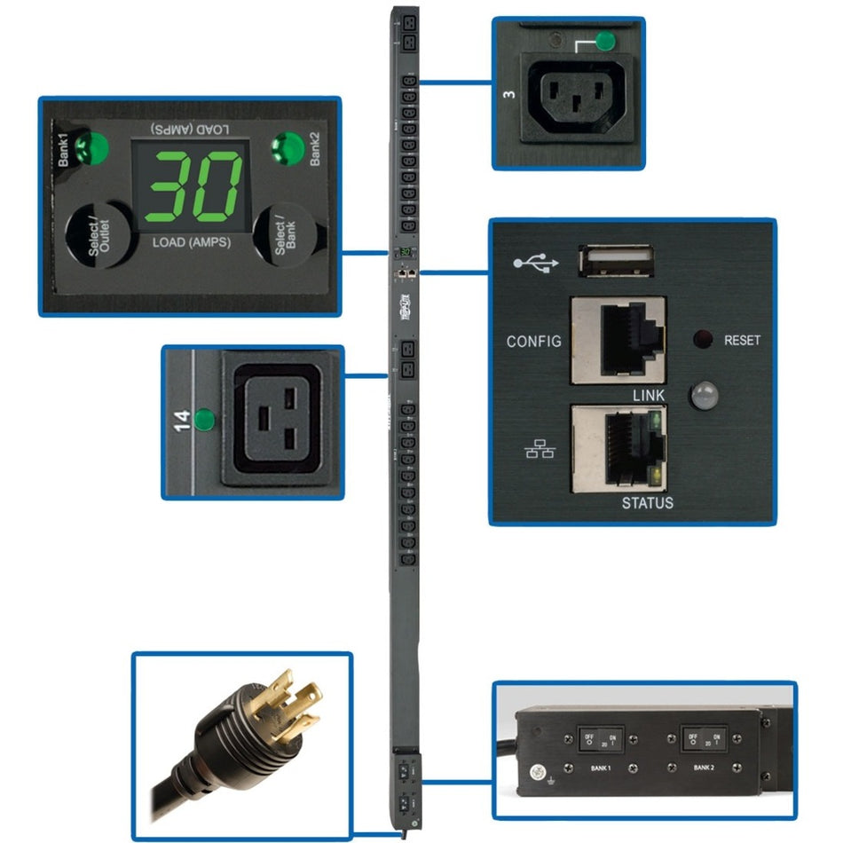 Tripp Lite by Eaton 5.5kW Single-Phase Switched PDU, Outlet Monitoring, 208/230V Outlets (20 C13 & 4 C19), 0U, LX Interface, TAA - PDUMVR30HVNETLX