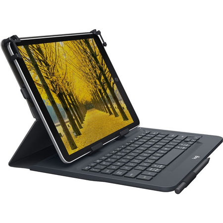 Logitech Universal Folio Keyboard/Cover Case (Folio) for 9" to 10" Amazon, Huawei, Samsung, Apple iPad Air, iPad (4th Generation), iPad (3rd Generation), iPad 2, Galaxy Tab A8, Galaxy Tab A7, Galaxy Tab S7, Galaxy Tab S6, Galaxy Tab S5e, Galaxy Tab S4, MediaPad M5 lite, ... Tablet - Black - 920-008334