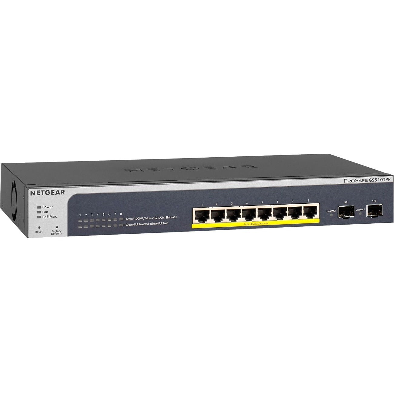 Netgear ProSAFE 8-Port PoE+ Gigabit Smart Managed Switch with 2 SFP Ports (GS510TPP) - GS510TPP-100NAS