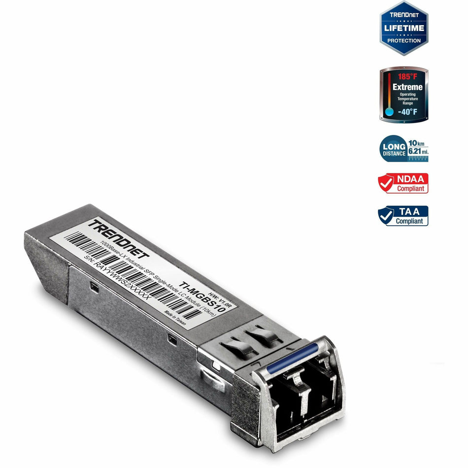 TRENDnet SFP to RJ45 Industrial Single-Mode LC Module (10km); TI-MGBS10; 1000Base-LX Industrial SFP; Compliant with IEEE 802.3z Gigabit Ethernet; Data Rates of up to 1.25Gbps; Lifetime Protection - TI-MGBS10