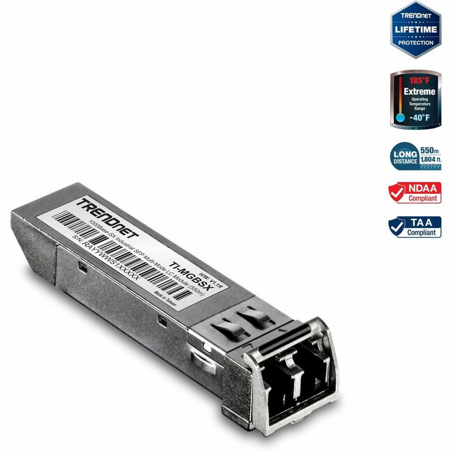 TRENDnet 1000Base- SX Industrial SFP to RJ45 Multi-Mode LC Module; TI-MGBSX; Up to 550m (1;804 Ft); IEE 802.3z; ANSI Fiber Channel; Data Rates up to 1.25Gbps; LC-Type Duplex; Lifetime Protection - TI-MGBSX