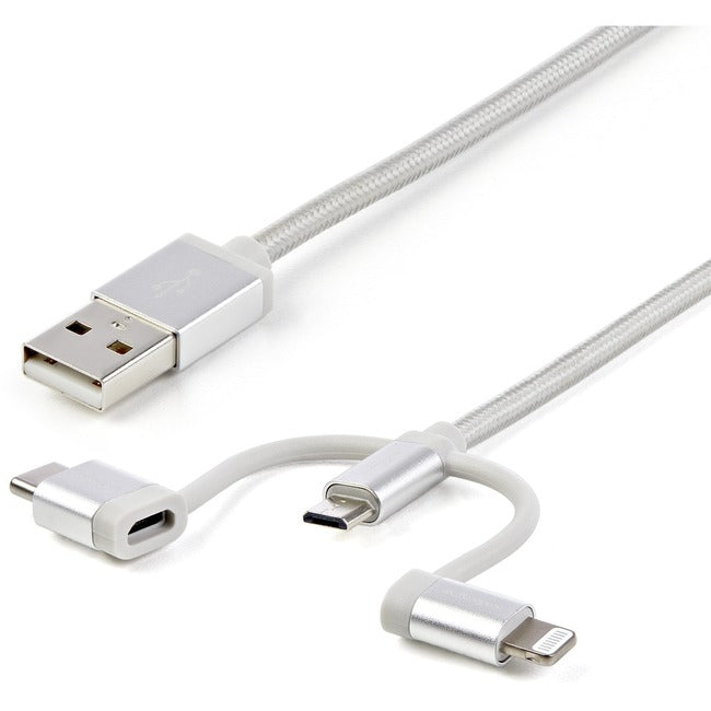 StarTech.com 1m USB Multi Charging Cable - Braided - Apple MFi Certified - USB 2.0 - Charge 1x device at a time - For USB-C or Lightning devices attach the corresponding connector of the cable to the Micro-USB connector and plug into your device - For Micro-USB devices plug the middle connector into your device - LTCUB1MGR