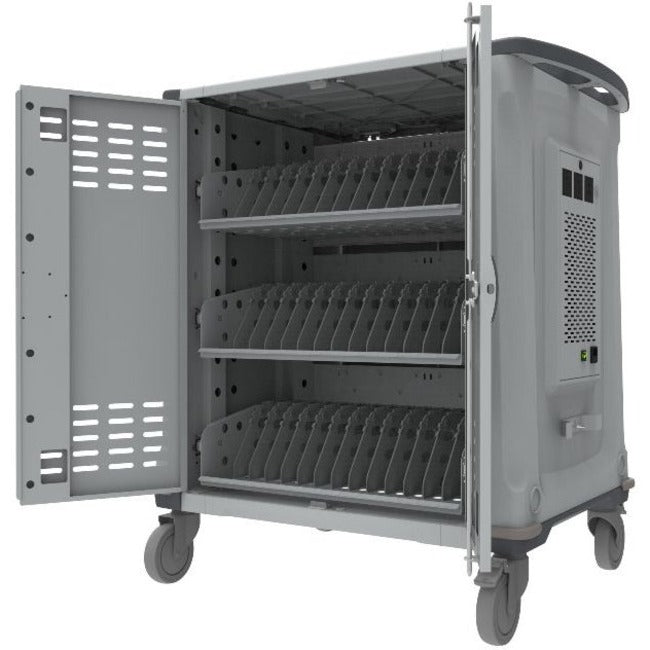 Rocstor Volt&reg; C42 Charging Cart with Intelligent Power Charging - Up to 42 Device Intelligent Power Charging Cart for Notebooks, Chromebook&reg;, MacBook&reg;, and Macbook&reg; Pro- 3 Slide-out shelves - Push Handle - 4 Heavy Duty 5" Casters - Steel Construction - 34.9" Width x 24.4" Depth x 40.7" Height - Silver - 5 Year Full Warranty - For up to 42 Devices MACBOOK&reg;/CHROMEBOOK&reg;/ NOTEBOOK UP TO 15.6" - VT0C42-01