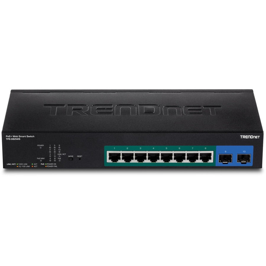 TRENDnet 10-Port Gigabit Web Smart PoE+ Switch, 8 x Gigabit PoE+ Ports, 2 x SFP Slots, Vlan, QoS, IPv6 Support, 20Gbps Switching Capacity, 75W PoE Power Budget, Lifetime Protection, Black, TPE-082WS - TPE-082WS