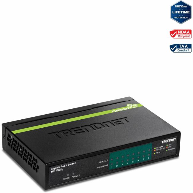 TRENDnet 8-Port GREENnet Gigabit PoE+ Switch, Supports PoE And PoE+ Devices, 61W PoE Budget, 16Gbps Switching Capacity, Data & Power Via Ethernet To PoE Access Points & IP Cameras, Black, TPE-TG82G - TPE-TG82g