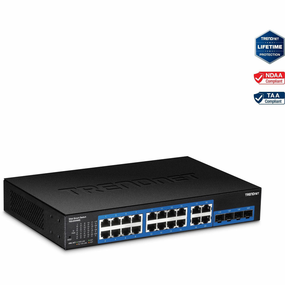 TRENDnet 20-Port Gigabit Web Smart Switch; 16 x Gigabit Ports; 4 x shared Gigabit Ports (RJ-45/SFP); VLAN; QoS; LACP; IPv6 Support; 40 Gbps Switching Capacity; Lifetime Protection; TEG-204WS - TEG-204WS